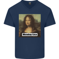 Mona Lisa Parody Monday Lisa Mens V-Neck Cotton T-Shirt Navy Blue