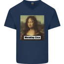 Mona Lisa Parody Monday Lisa Mens V-Neck Cotton T-Shirt Navy Blue