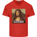 Mona Lisa Parody Monday Lisa Mens V-Neck Cotton T-Shirt Red