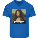 Mona Lisa Parody Monday Lisa Mens V-Neck Cotton T-Shirt Royal Blue