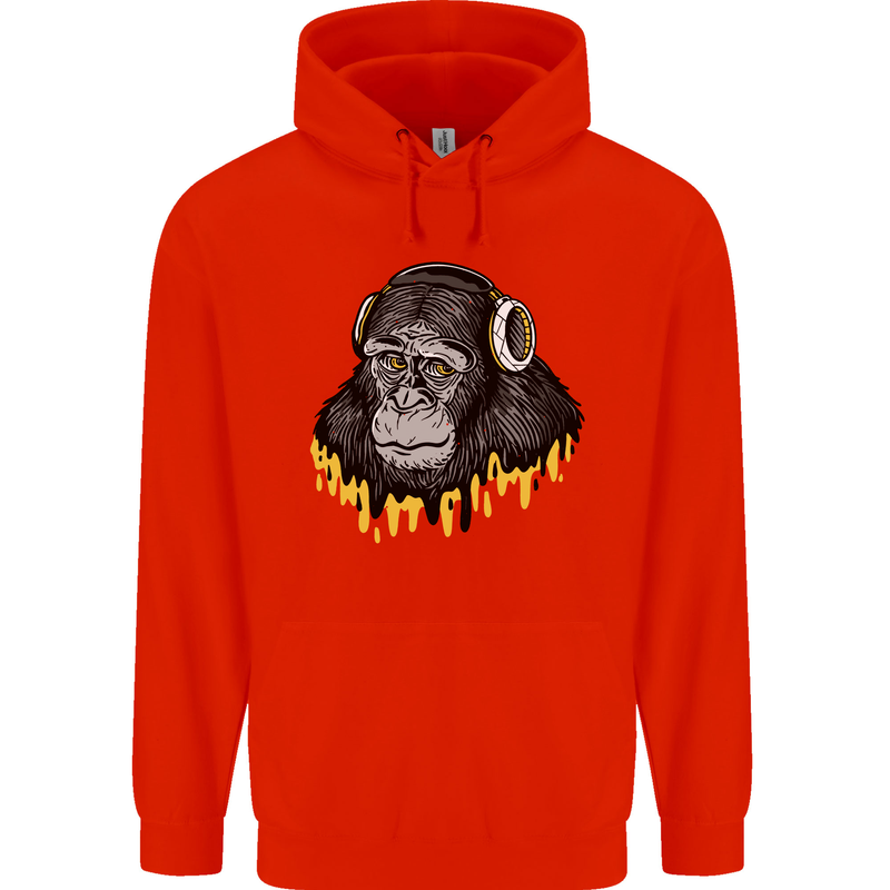 Monkey DJ Headphones Music Childrens Kids Hoodie Bright Red