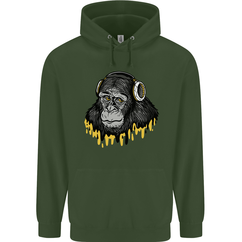 Monkey DJ Headphones Music Childrens Kids Hoodie Forest Green