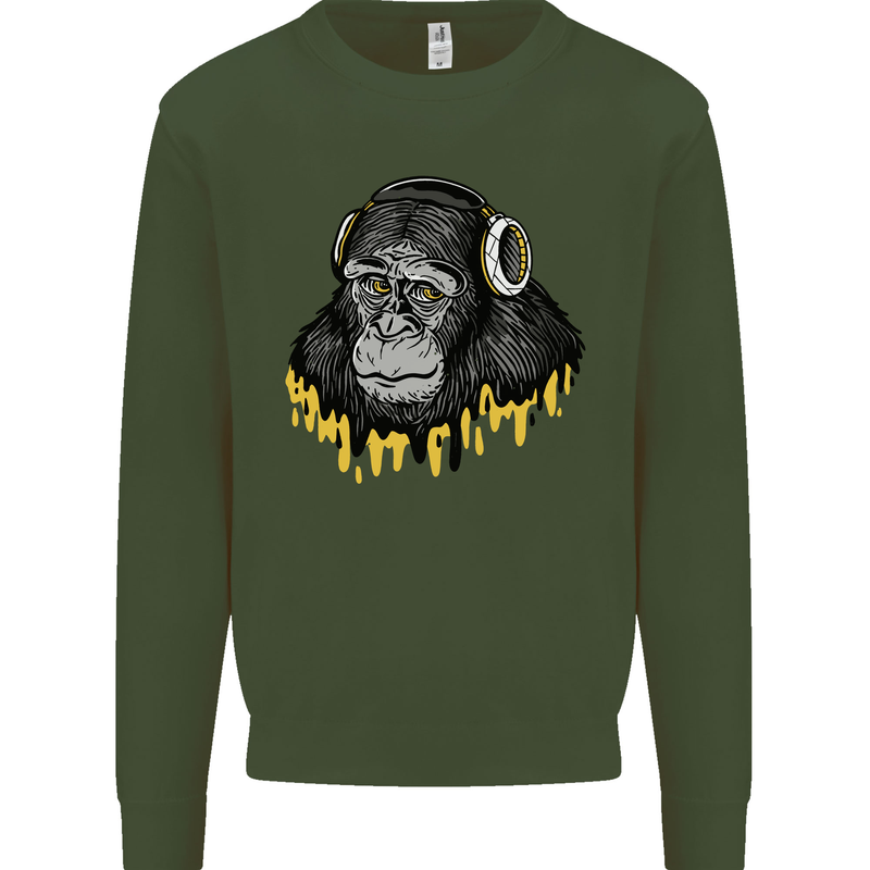 Monkey DJ Headphones Music Kids Sweatshirt Jumper Forest Green