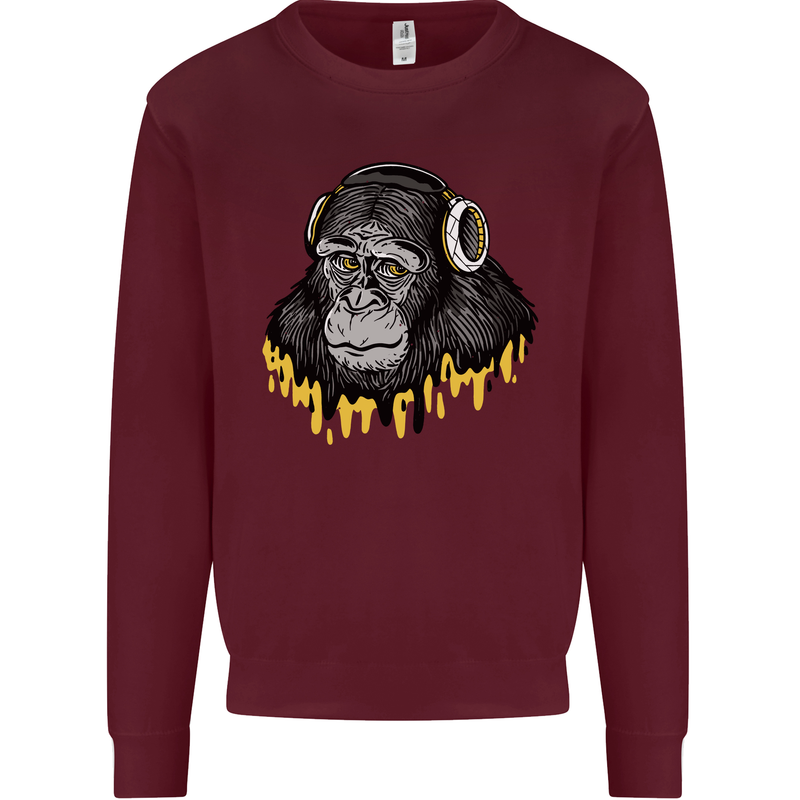 Monkey DJ Headphones Music Kids Sweatshirt Jumper Maroon