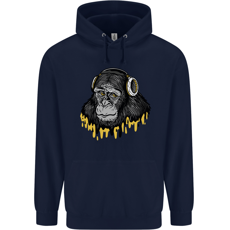 Monkey DJ Headphones Music Mens 80% Cotton Hoodie Navy Blue