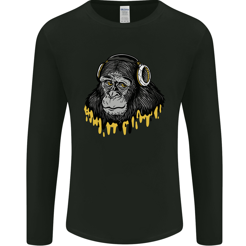 Monkey DJ Headphones Music Mens Long Sleeve T-Shirt Black