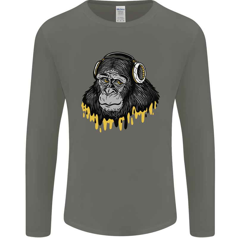 Monkey DJ Headphones Music Mens Long Sleeve T-Shirt Charcoal