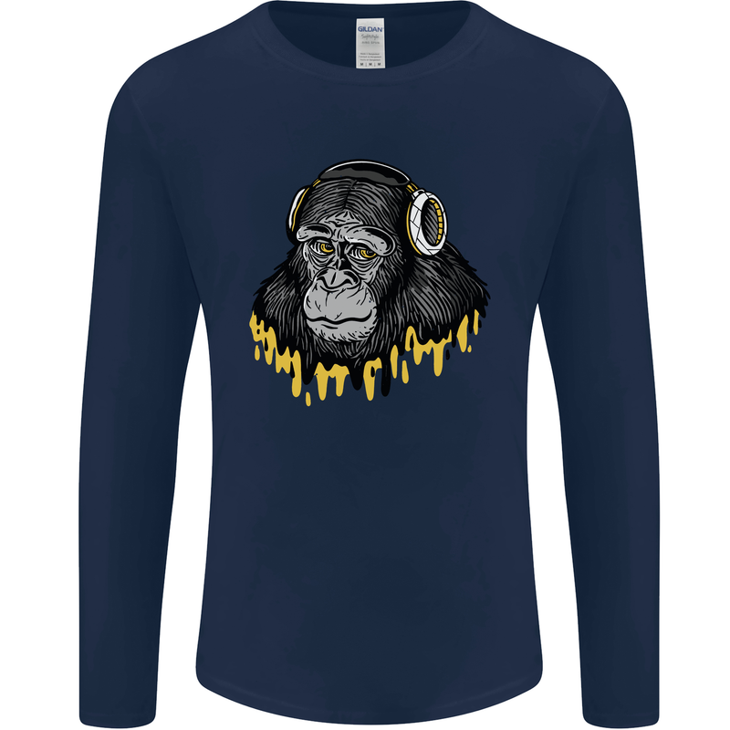 Monkey DJ Headphones Music Mens Long Sleeve T-Shirt Navy Blue