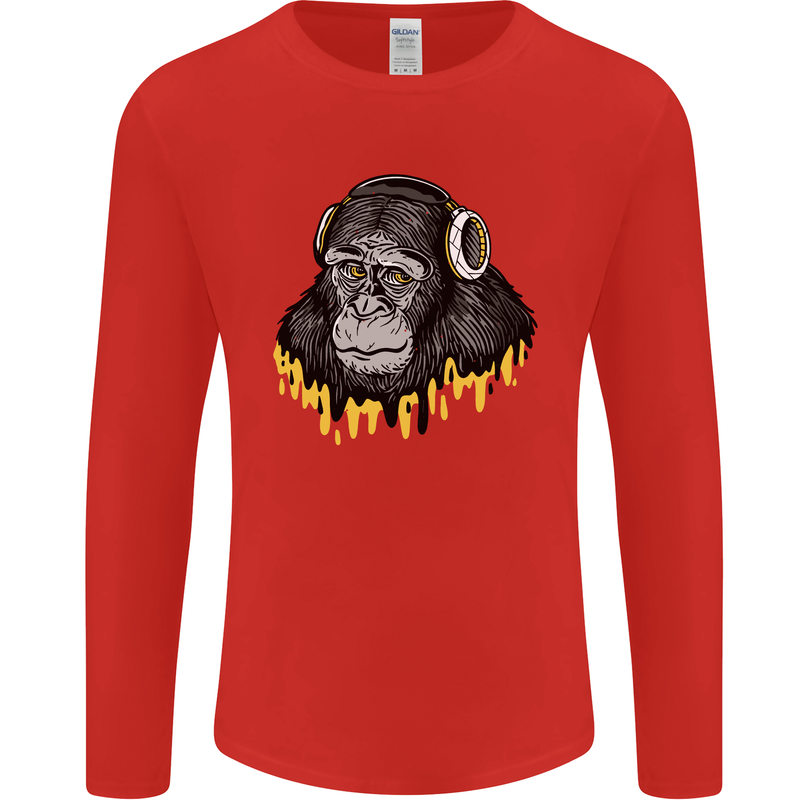 Monkey DJ Headphones Music Mens Long Sleeve T-Shirt Red