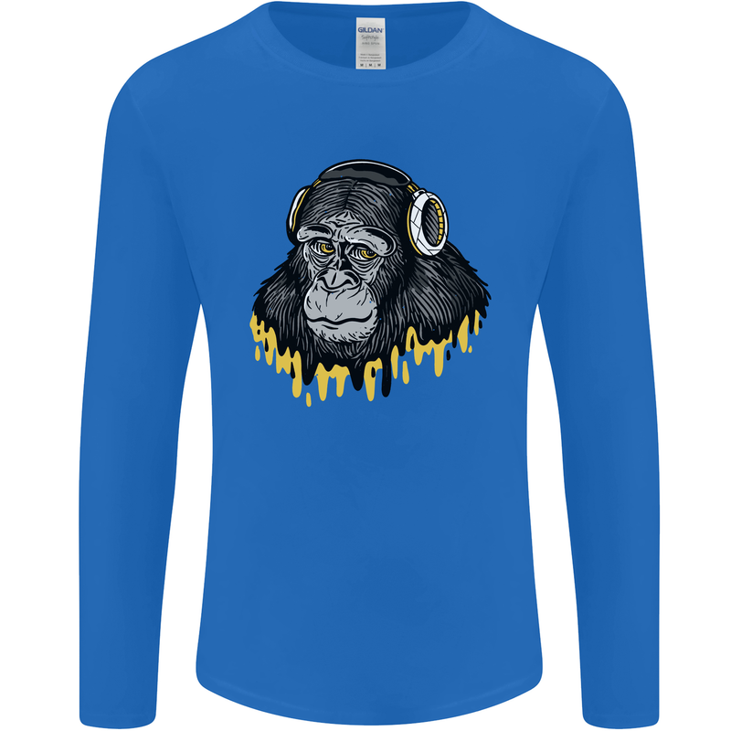 Monkey DJ Headphones Music Mens Long Sleeve T-Shirt Royal Blue