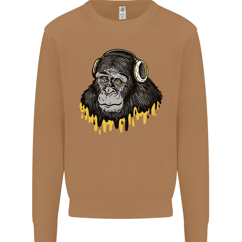 Monkey DJ Headphones Music Mens Sweatshirt Jumper Caramel Latte