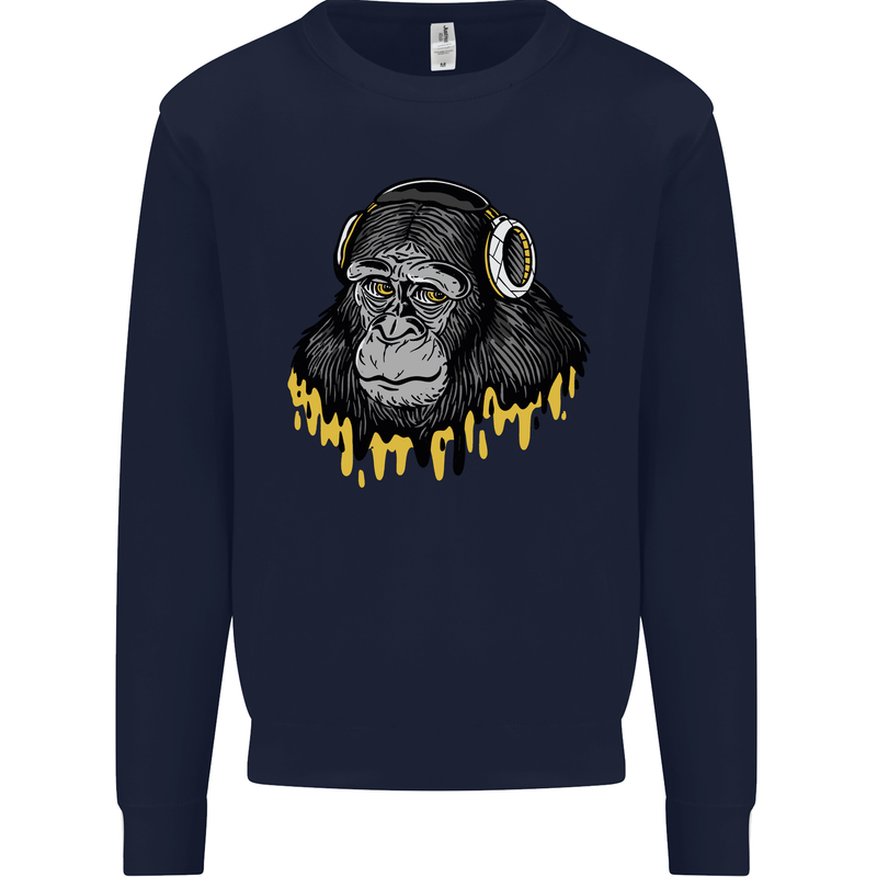 Monkey DJ Headphones Music Mens Sweatshirt Jumper Navy Blue