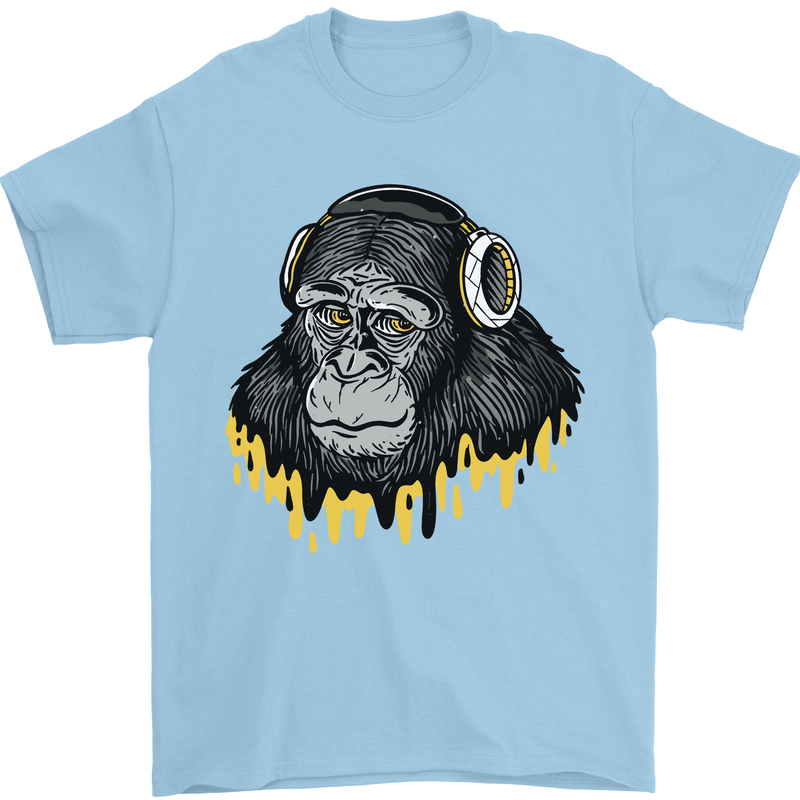 Monkey DJ Headphones Music Mens T-Shirt 100% Cotton Light Blue