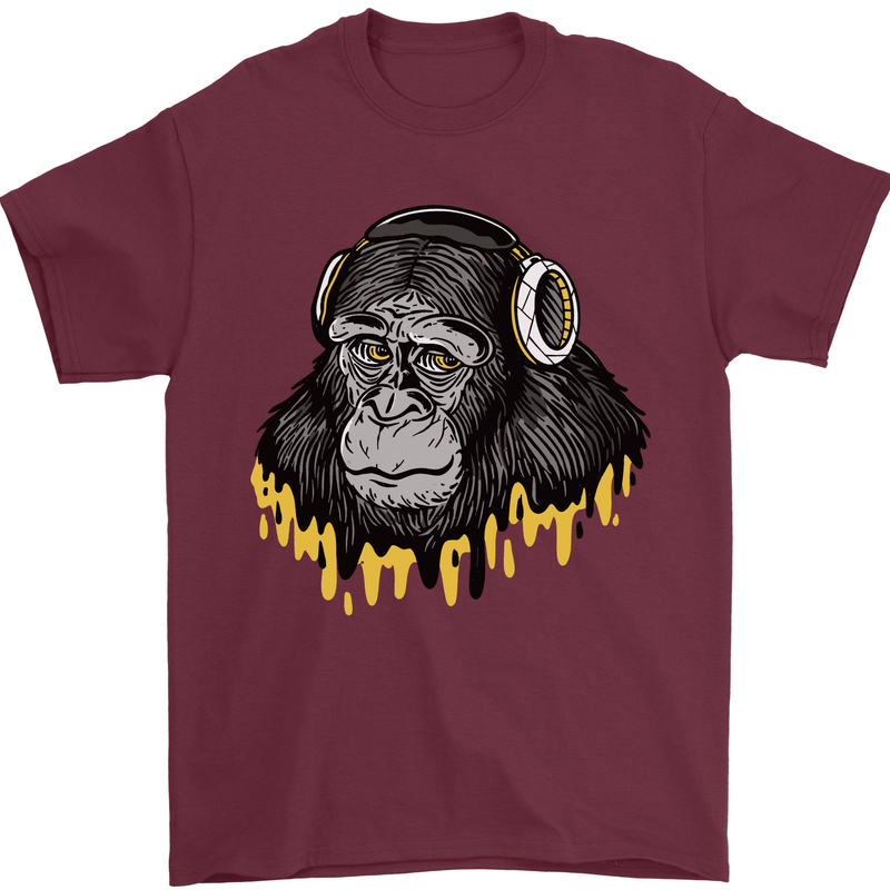 Monkey DJ Headphones Music Mens T-Shirt 100% Cotton Maroon