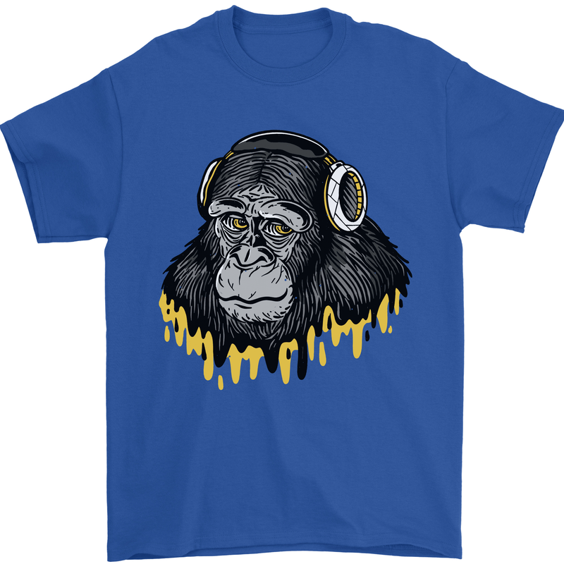 Monkey DJ Headphones Music Mens T-Shirt 100% Cotton Royal Blue