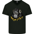 Monkey DJ Headphones Music Mens V-Neck Cotton T-Shirt Black