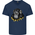 Monkey DJ Headphones Music Mens V-Neck Cotton T-Shirt Navy Blue