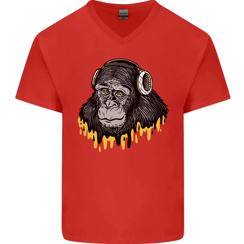 Monkey DJ Headphones Music Mens V-Neck Cotton T-Shirt Red