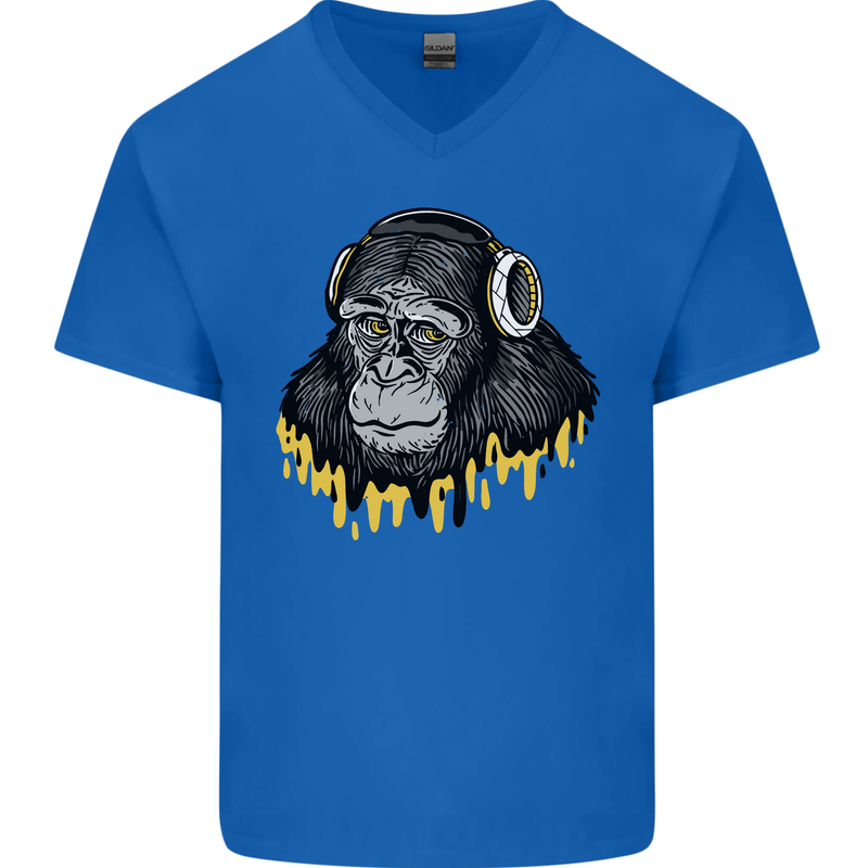 Monkey DJ Headphones Music Mens V-Neck Cotton T-Shirt Royal Blue