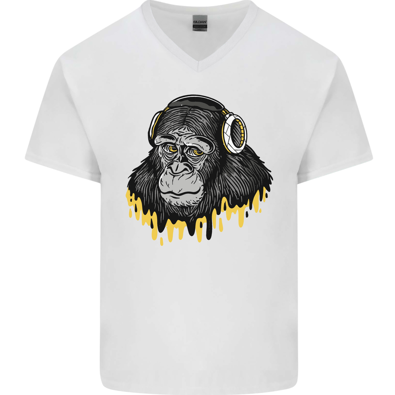 Monkey DJ Headphones Music Mens V-Neck Cotton T-Shirt White