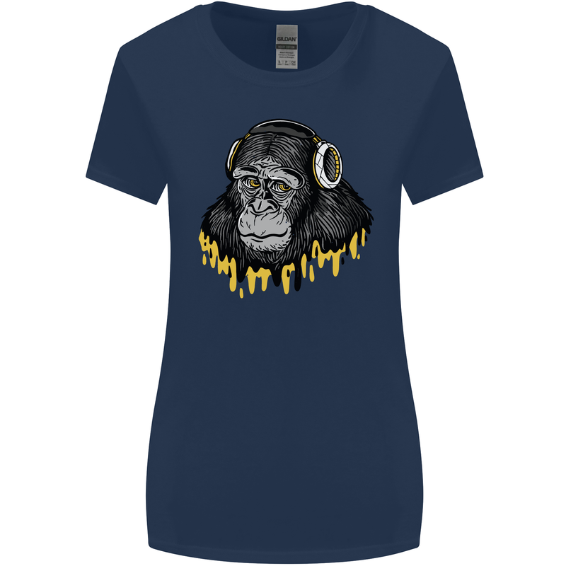 Monkey DJ Headphones Music Womens Wider Cut T-Shirt Navy Blue