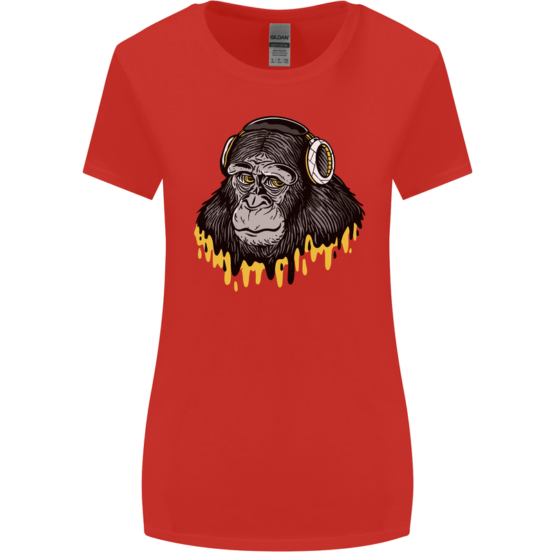 Monkey DJ Headphones Music Womens Wider Cut T-Shirt Red