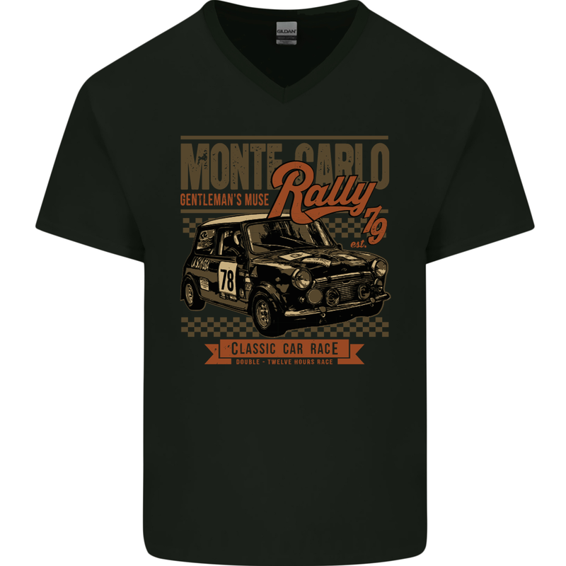Monte Carlo Rally 79 Mini Car Enthusiast Mens V-Neck Cotton T-Shirt Black