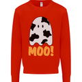 Moo Funny Cow Ghost Halloween Spooky Kids Sweatshirt Jumper Bright Red