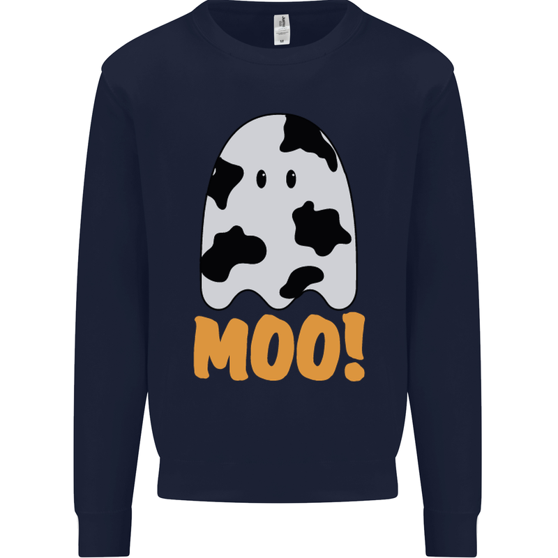 Moo Funny Cow Ghost Halloween Spooky Kids Sweatshirt Jumper Navy Blue