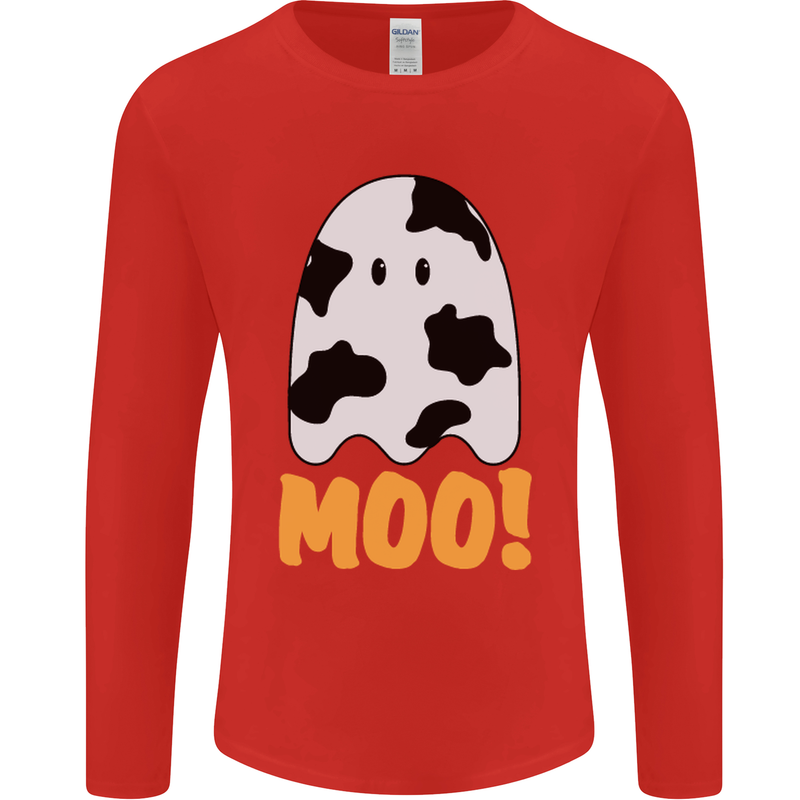 Moo Funny Cow Ghost Halloween Spooky Mens Long Sleeve T-Shirt Red