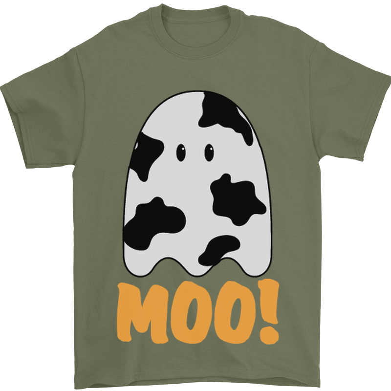 Moo Funny Cow Ghost Halloween Spooky Mens T-Shirt Cotton Gildan Military Green