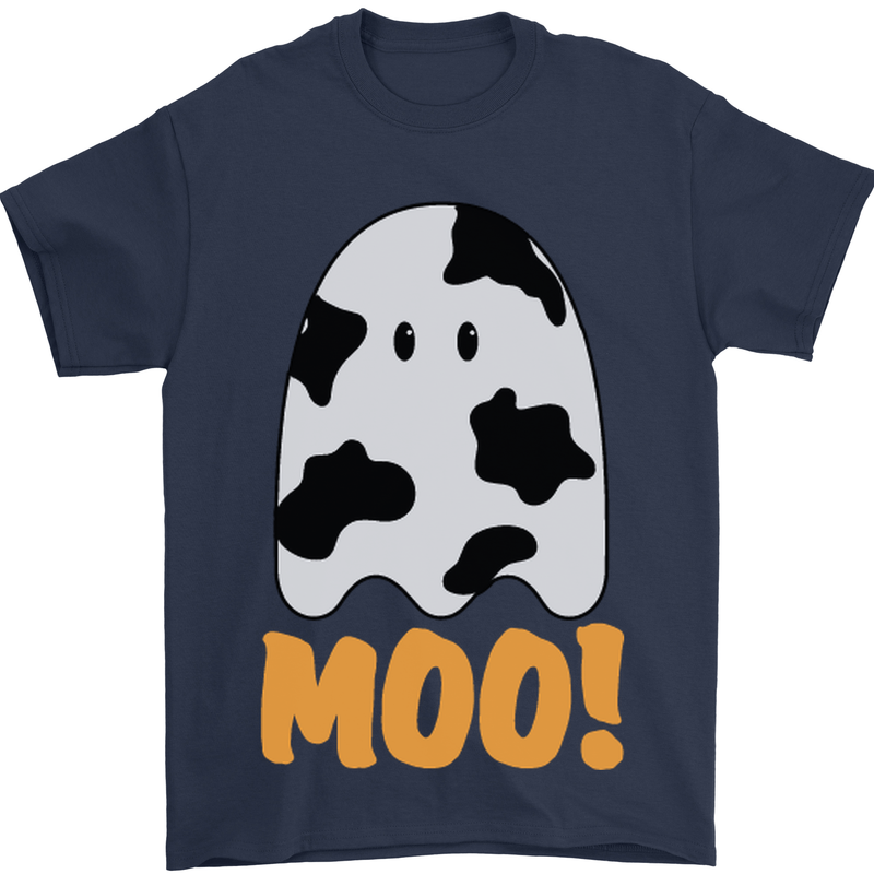 Moo Funny Cow Ghost Halloween Spooky Mens T-Shirt Cotton Gildan Navy Blue