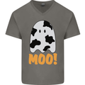 Moo Funny Cow Ghost Halloween Spooky Mens V-Neck Cotton T-Shirt Charcoal