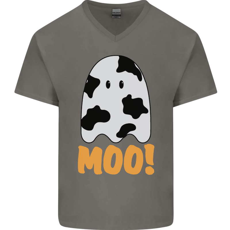 Moo Funny Cow Ghost Halloween Spooky Mens V-Neck Cotton T-Shirt Charcoal