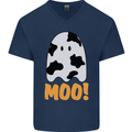 Moo Funny Cow Ghost Halloween Spooky Mens V-Neck Cotton T-Shirt Navy Blue