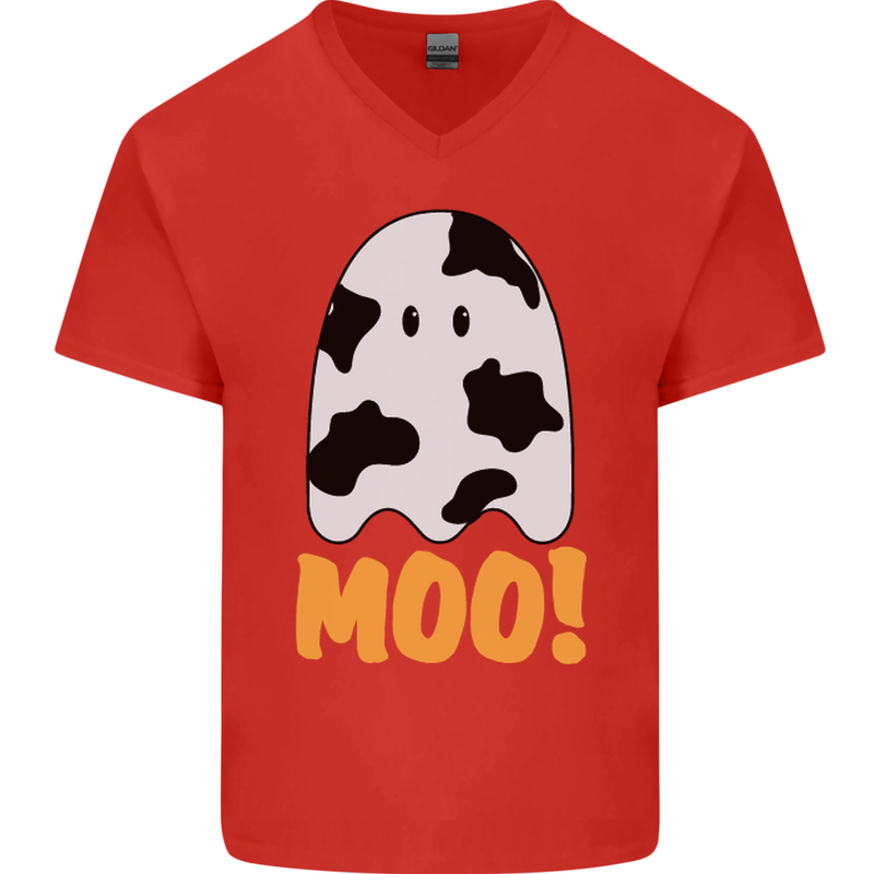 Moo Funny Cow Ghost Halloween Spooky Mens V-Neck Cotton T-Shirt Red