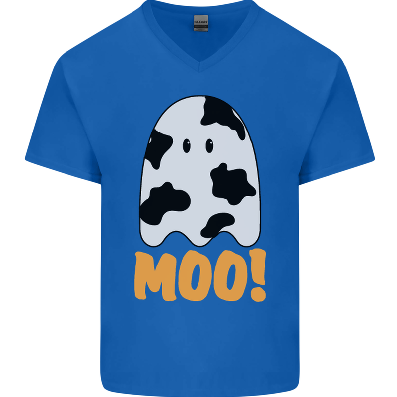 Moo Funny Cow Ghost Halloween Spooky Mens V-Neck Cotton T-Shirt Royal Blue