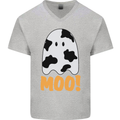 Moo Funny Cow Ghost Halloween Spooky Mens V-Neck Cotton T-Shirt Sports Grey