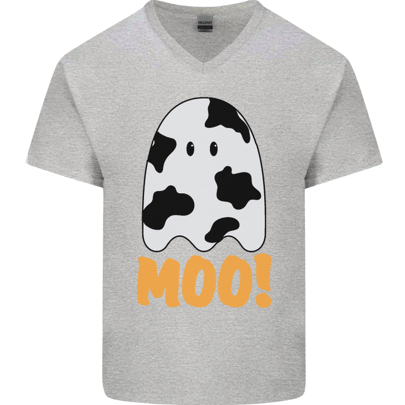 Moo Funny Cow Ghost Halloween Spooky Mens V-Neck Cotton T-Shirt Sports Grey