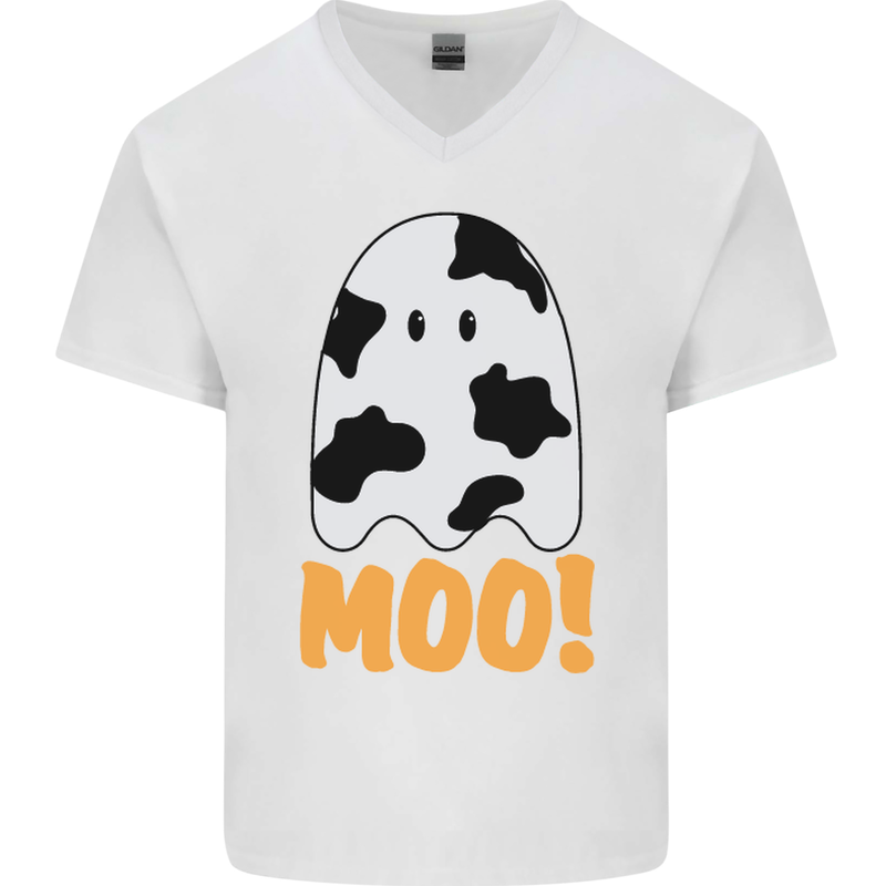 Moo Funny Cow Ghost Halloween Spooky Mens V-Neck Cotton T-Shirt White