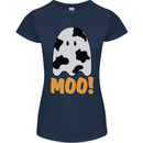 Moo Funny Cow Ghost Halloween Spooky Womens Petite Cut T-Shirt Navy Blue