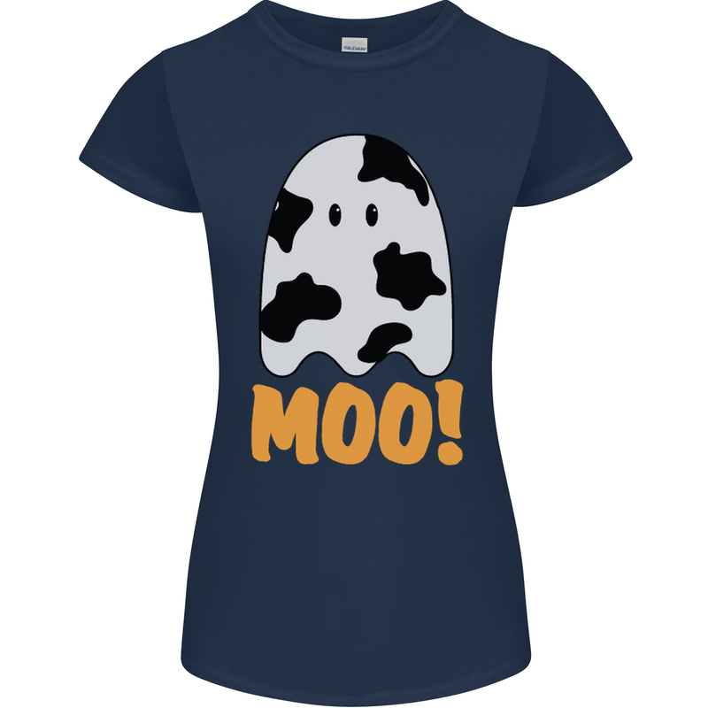 Moo Funny Cow Ghost Halloween Spooky Womens Petite Cut T-Shirt Navy Blue