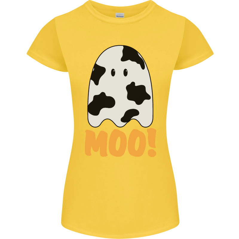 Moo Funny Cow Ghost Halloween Spooky Womens Petite Cut T-Shirt Yellow