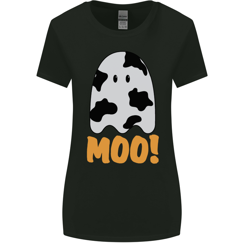 Moo Funny Cow Ghost Halloween Spooky Womens Wider Cut T-Shirt Black