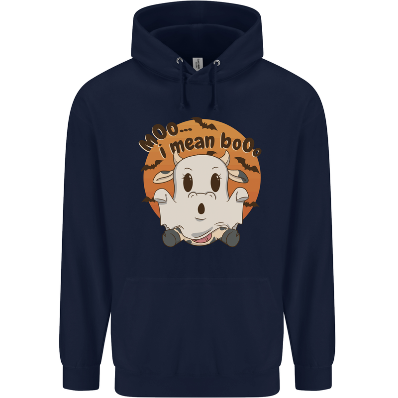 Moo I Mean Boo Funny Cow Halloween Childrens Kids Hoodie Navy Blue