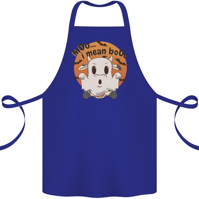 Moo I Mean Boo Funny Cow Halloween Cotton Apron 100% Organic Royal Blue