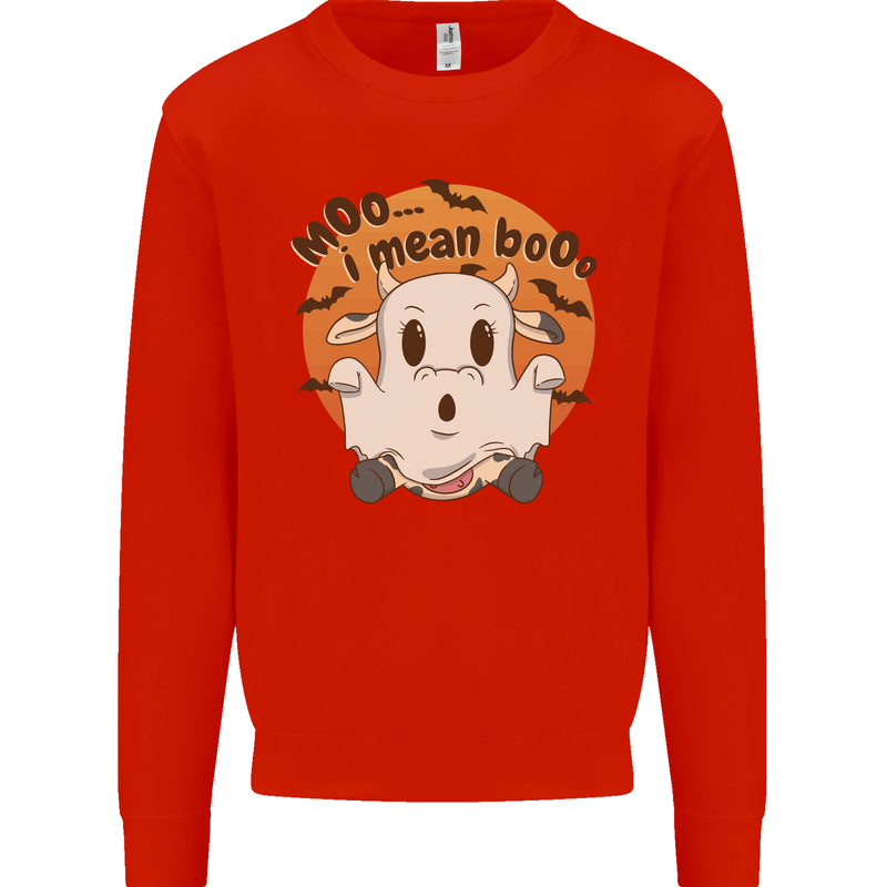 Moo I Mean Boo Funny Cow Halloween Kids Sweatshirt Jumper Bright Red