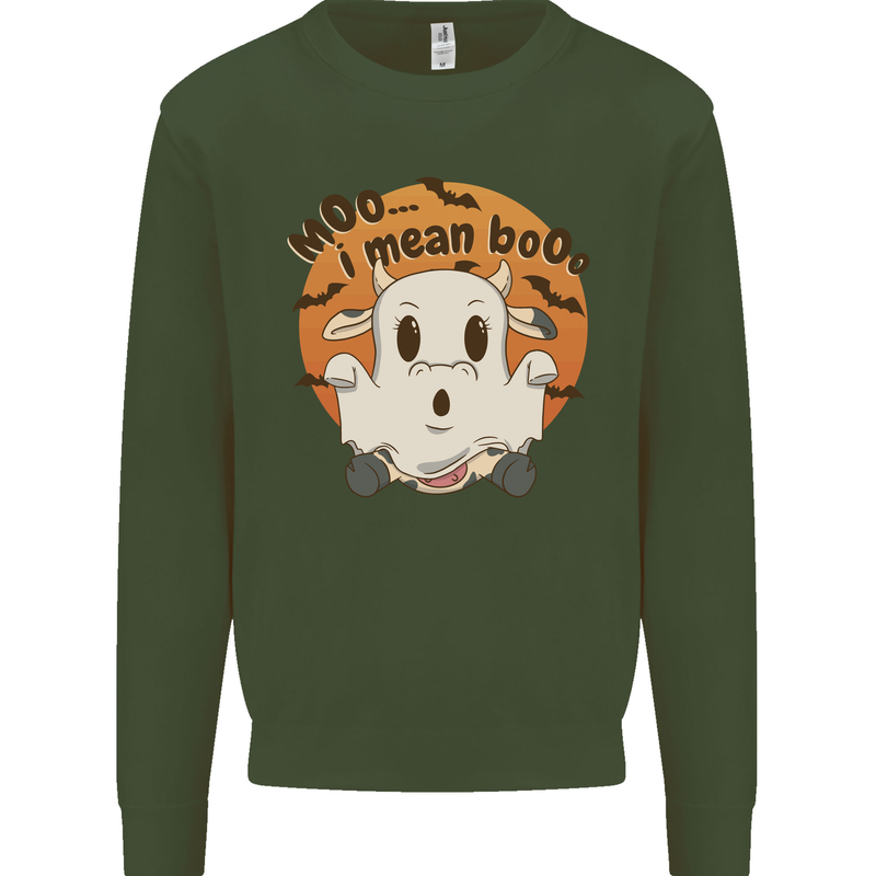 Moo I Mean Boo Funny Cow Halloween Kids Sweatshirt Jumper Forest Green