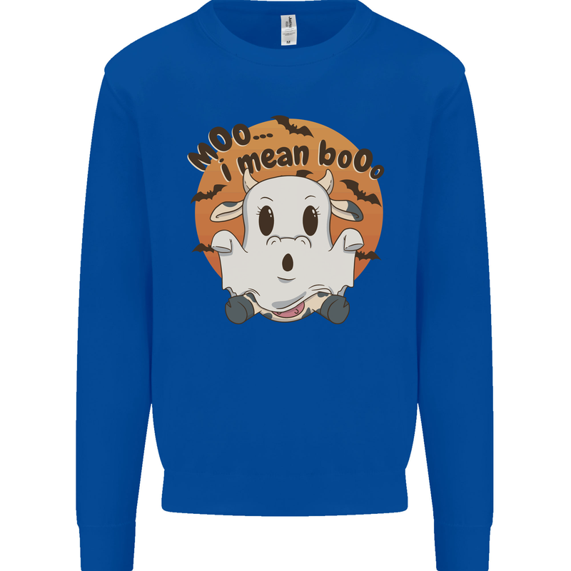 Moo I Mean Boo Funny Cow Halloween Kids Sweatshirt Jumper Royal Blue