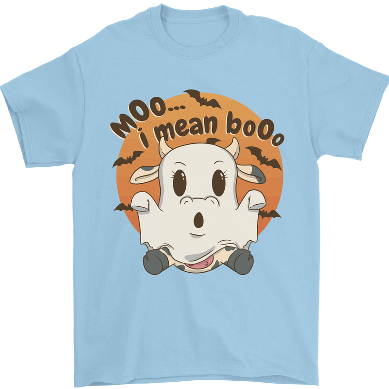 Moo I Mean Boo Funny Cow Halloween Mens T-Shirt 100% Cotton Light Blue
